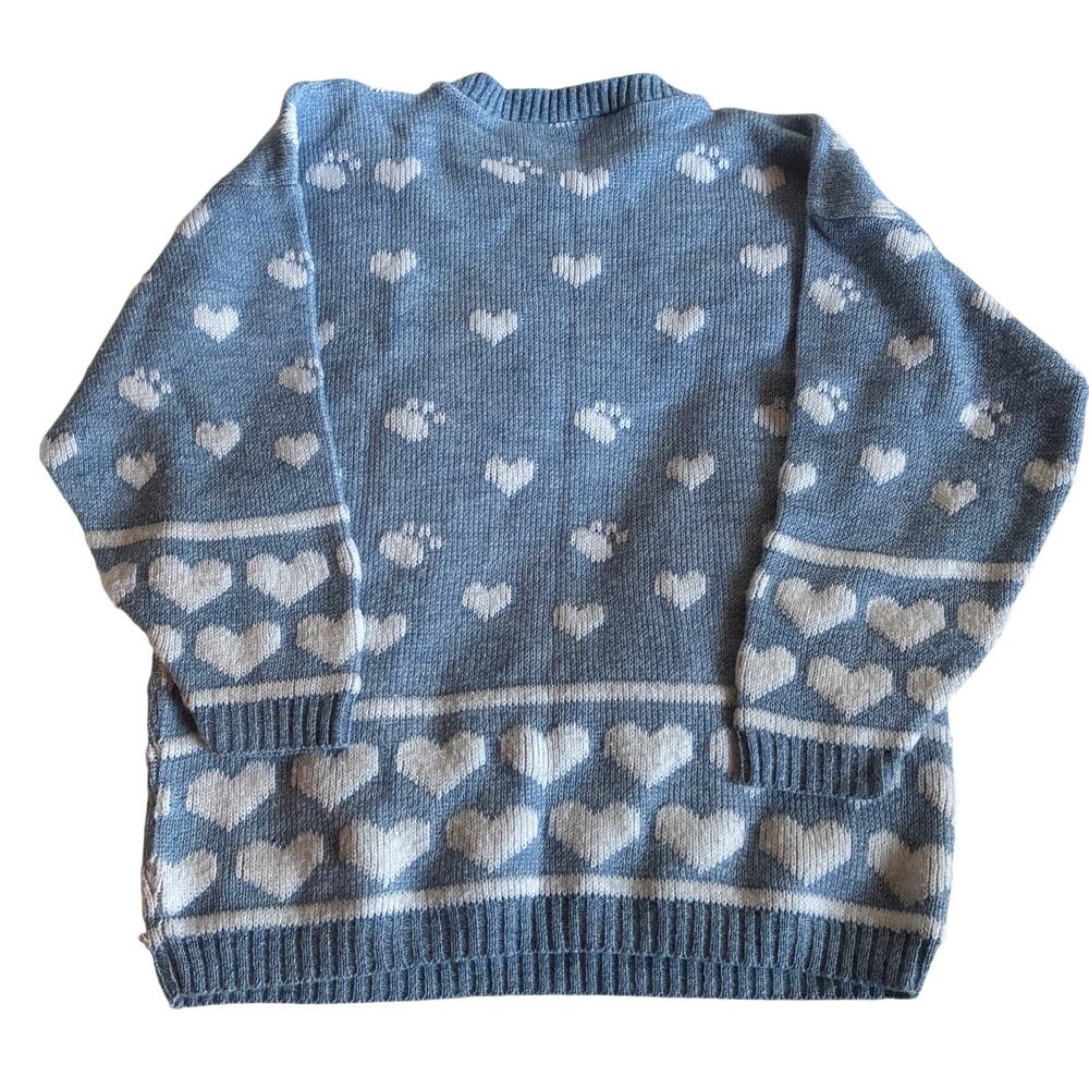 Vintage Sweater Womens Medium Blue/White Cat Paw & Heart Print Crewneck USA 90s - Picture 2 of 11